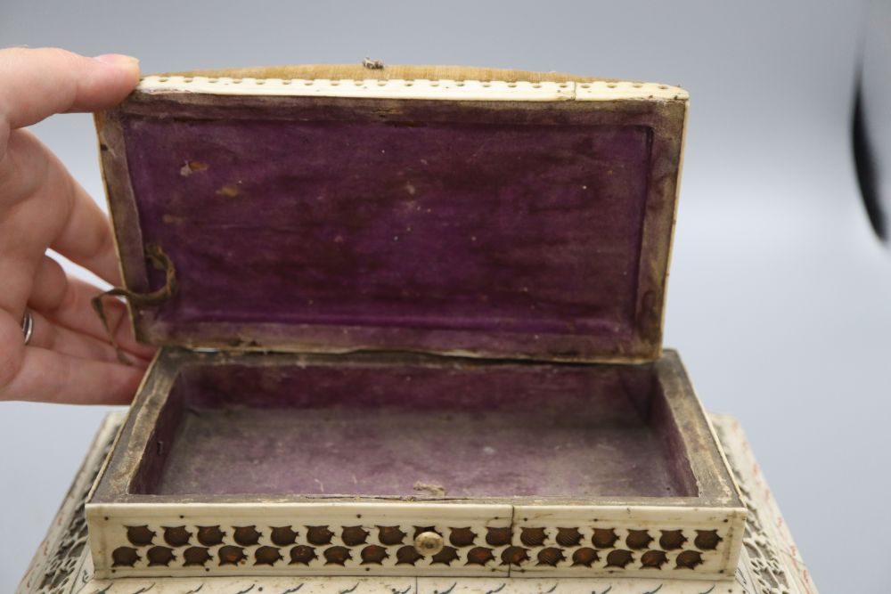 A bone overlaid Prisoner of War sewing box, length 24cm